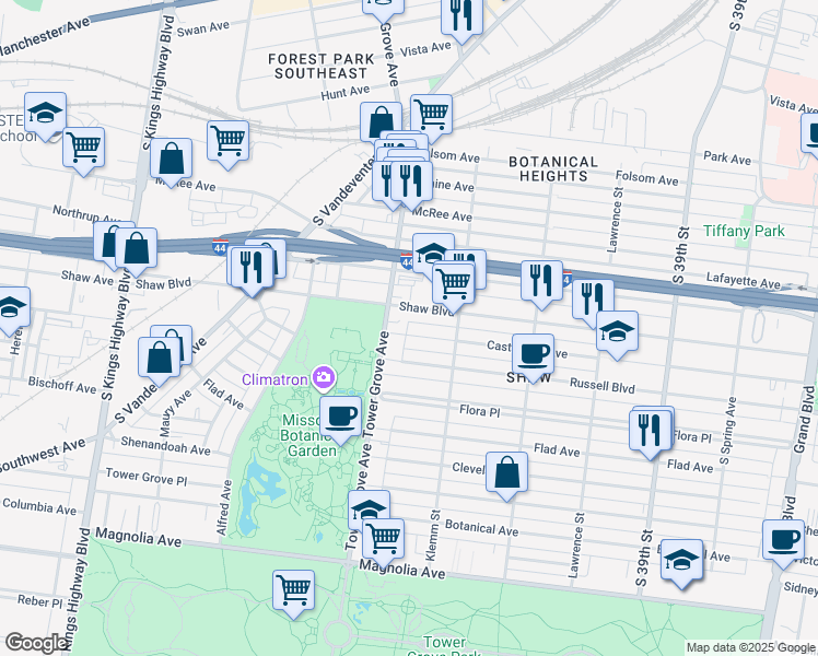 map of restaurants, bars, coffee shops, grocery stores, and more near 4233 Castleman Avenue in St. Louis