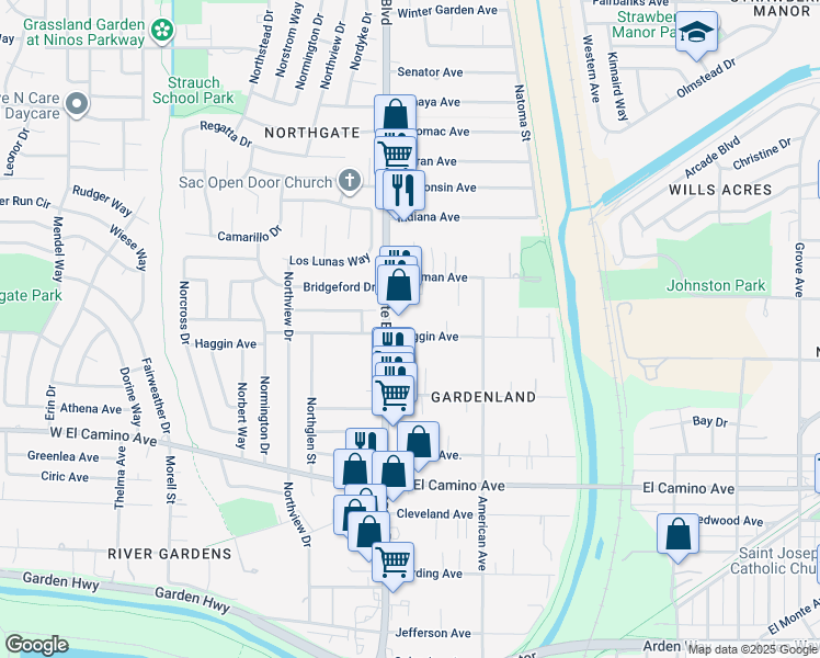 map of restaurants, bars, coffee shops, grocery stores, and more near 531 Haggin Avenue in Sacramento