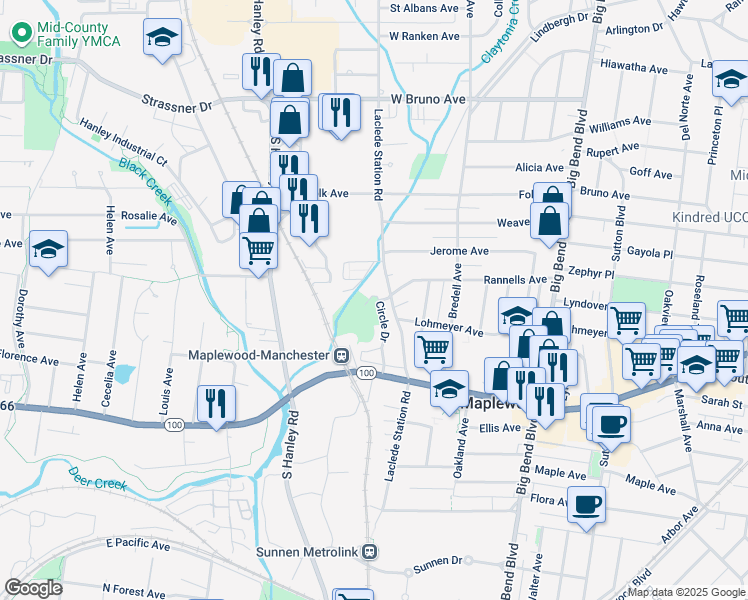 map of restaurants, bars, coffee shops, grocery stores, and more near 2505 Westpoint Drive in Maplewood