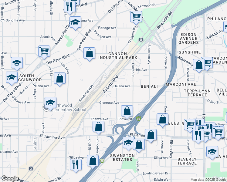 map of restaurants, bars, coffee shops, grocery stores, and more near 2749 Crosby Way in Sacramento