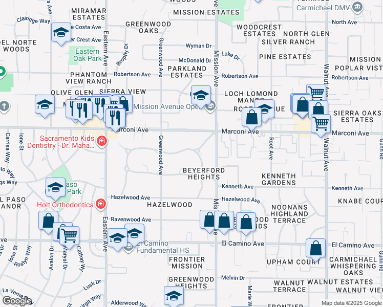 map of restaurants, bars, coffee shops, grocery stores, and more near 4600 North Park Drive in Sacramento