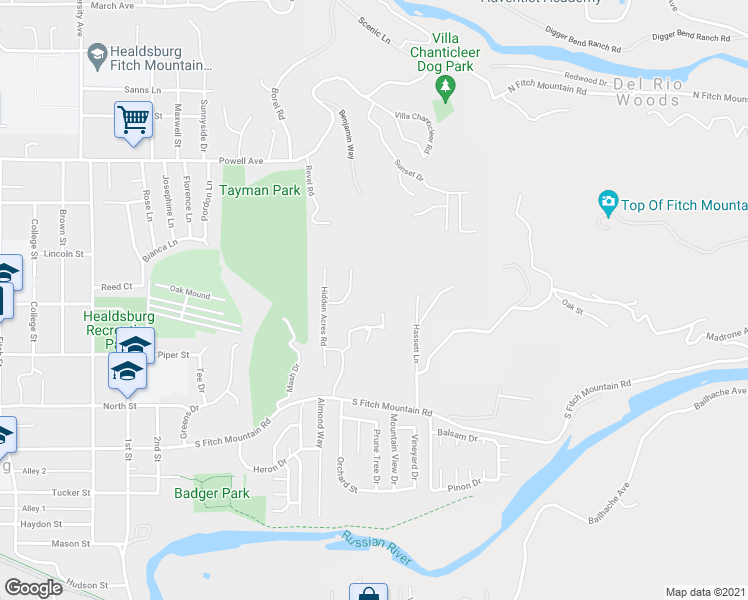 map of restaurants, bars, coffee shops, grocery stores, and more near 610 Coghlan Drive in Healdsburg