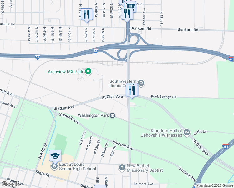 map of restaurants, bars, coffee shops, grocery stores, and more near 5101 Saint Clair Avenue in East St. Louis