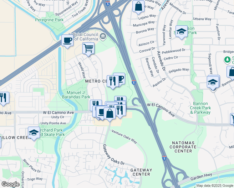 map of restaurants, bars, coffee shops, grocery stores, and more near 2710 Gateway Oaks Drive in Sacramento