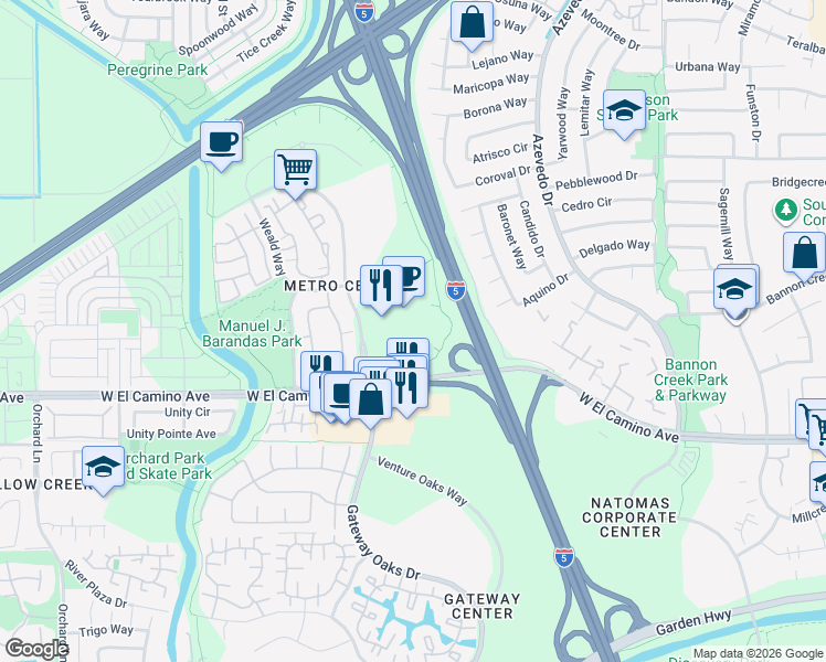 map of restaurants, bars, coffee shops, grocery stores, and more near 2700 Gateway Oaks Dr in Sacramento