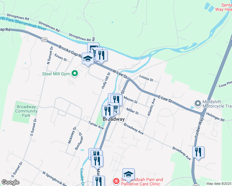 map of restaurants, bars, coffee shops, grocery stores, and more near 212 North Main Street in Broadway