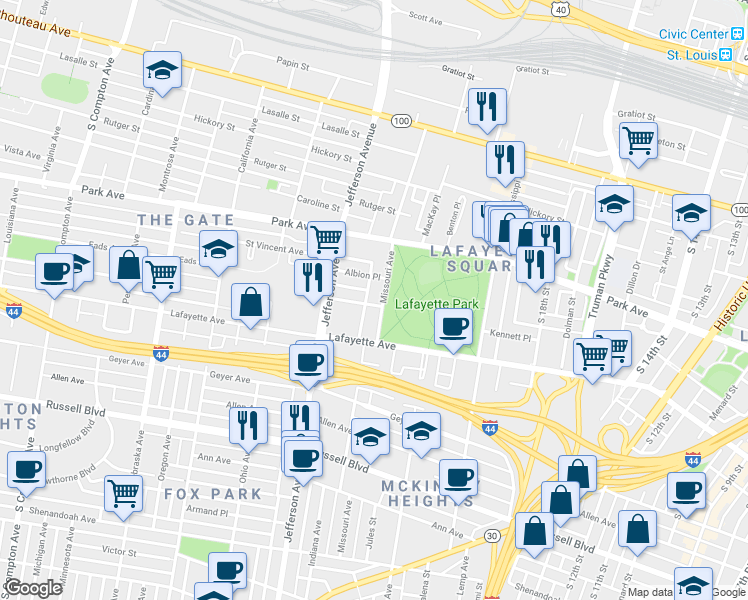 map of restaurants, bars, coffee shops, grocery stores, and more near 2317 Whittemore Place in St. Louis