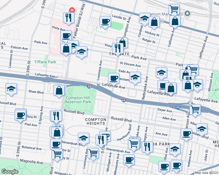map of restaurants, bars, coffee shops, grocery stores, and more near 3202 Lafayette Avenue in St. Louis