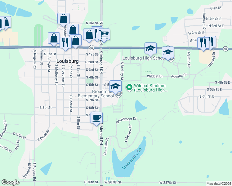 map of restaurants, bars, coffee shops, grocery stores, and more near 105 South 5th Street East in Louisburg