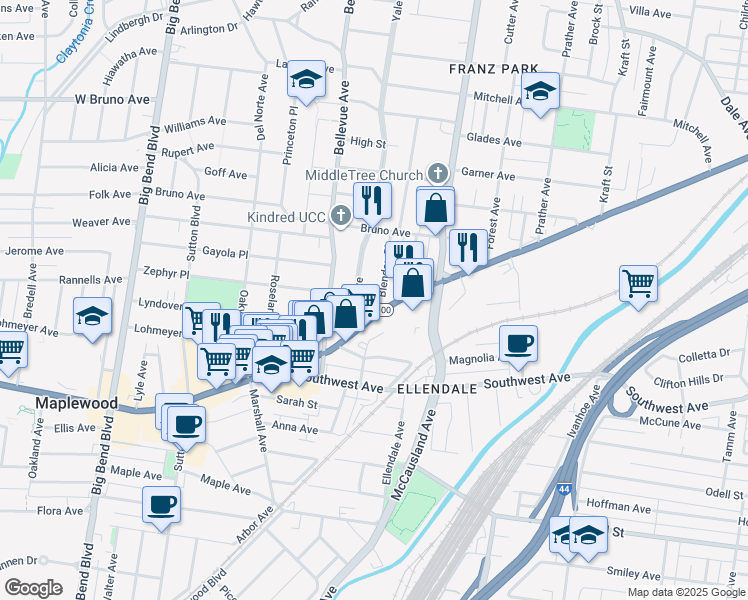 map of restaurants, bars, coffee shops, grocery stores, and more near 2279 Blendon Place in Maplewood