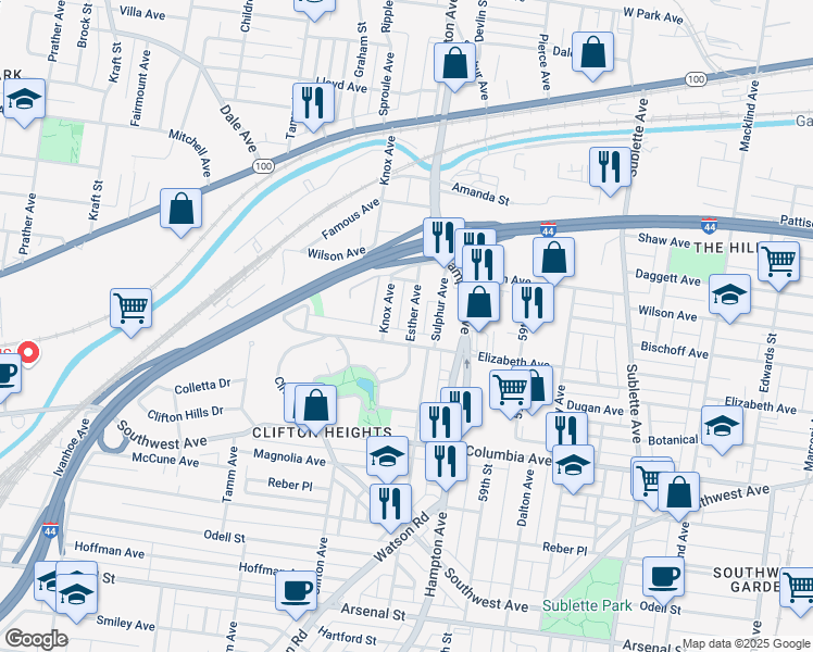 map of restaurants, bars, coffee shops, grocery stores, and more near 2165 Esther Avenue in St. Louis