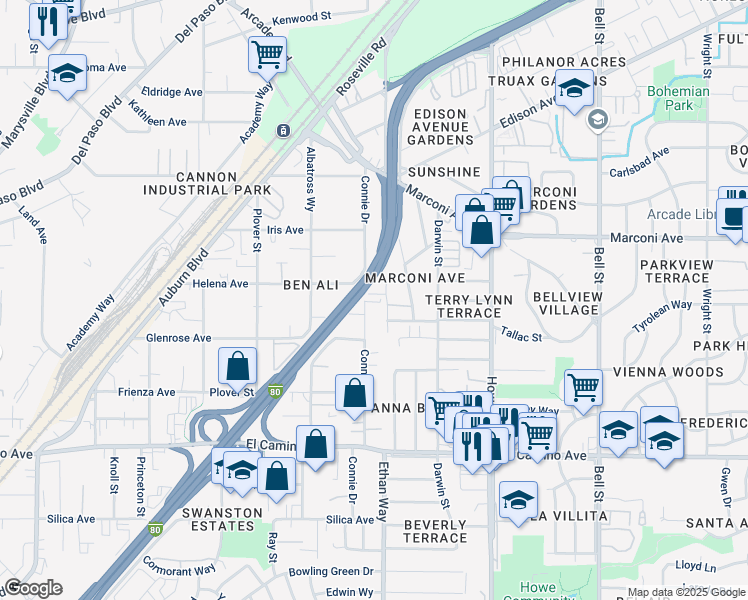 map of restaurants, bars, coffee shops, grocery stores, and more near 2736 Connie Drive in Sacramento