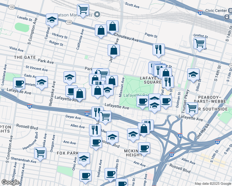 map of restaurants, bars, coffee shops, grocery stores, and more near 2317 Whittemore Place in St. Louis