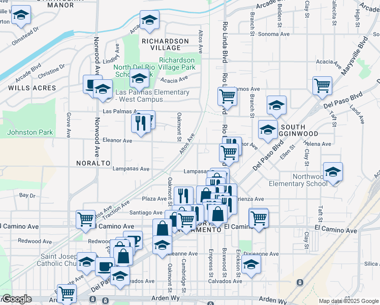 map of restaurants, bars, coffee shops, grocery stores, and more near 2636 Traction Avenue in Sacramento