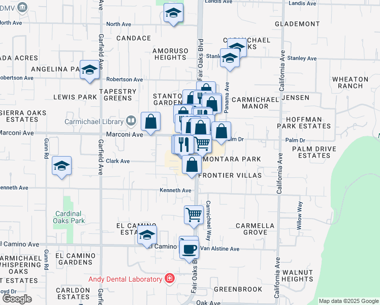 map of restaurants, bars, coffee shops, grocery stores, and more near 6325 Fair Oaks Boulevard in Carmichael