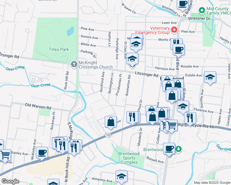 map of restaurants, bars, coffee shops, grocery stores, and more near 2511 Pocahontas Place in St. Louis