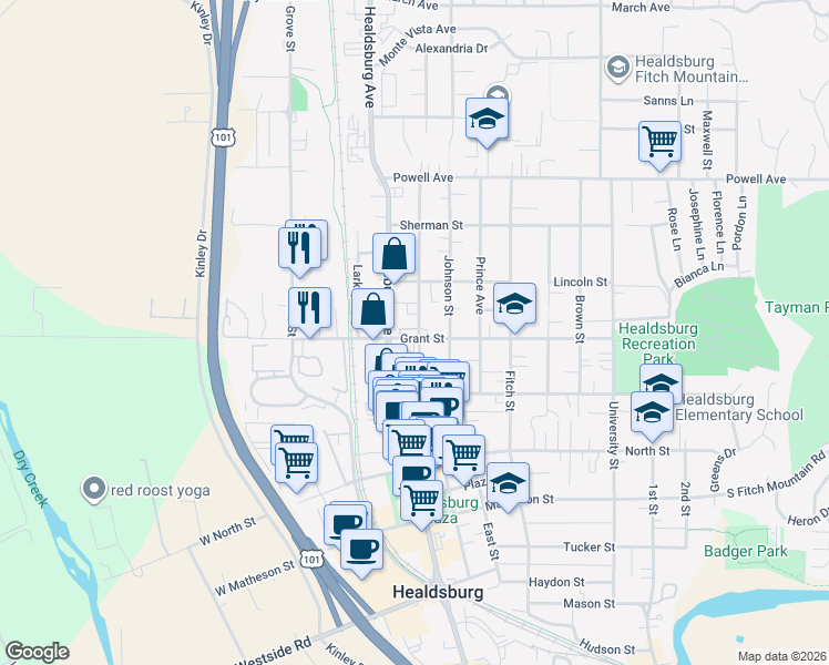 map of restaurants, bars, coffee shops, grocery stores, and more near 111 Grant Street in Healdsburg