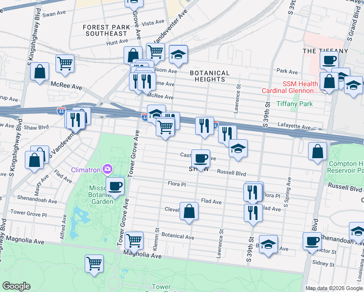 map of restaurants, bars, coffee shops, grocery stores, and more near 4136 Shaw Boulevard in St. Louis