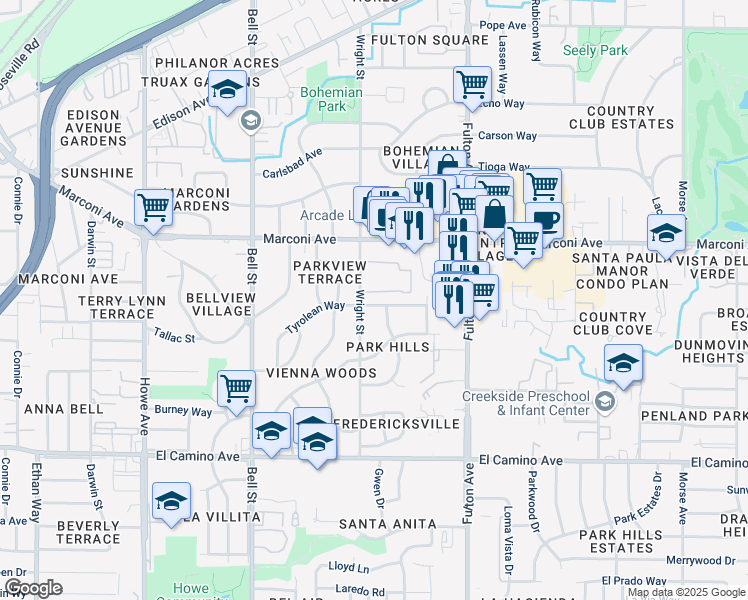 map of restaurants, bars, coffee shops, grocery stores, and more near 2411 Tyrolean Way in Sacramento