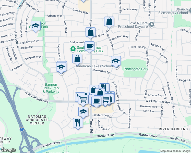 map of restaurants, bars, coffee shops, grocery stores, and more near 23 Prestwick Court in Sacramento