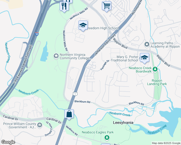 map of restaurants, bars, coffee shops, grocery stores, and more near 15512 John Diskin Circle in Woodbridge