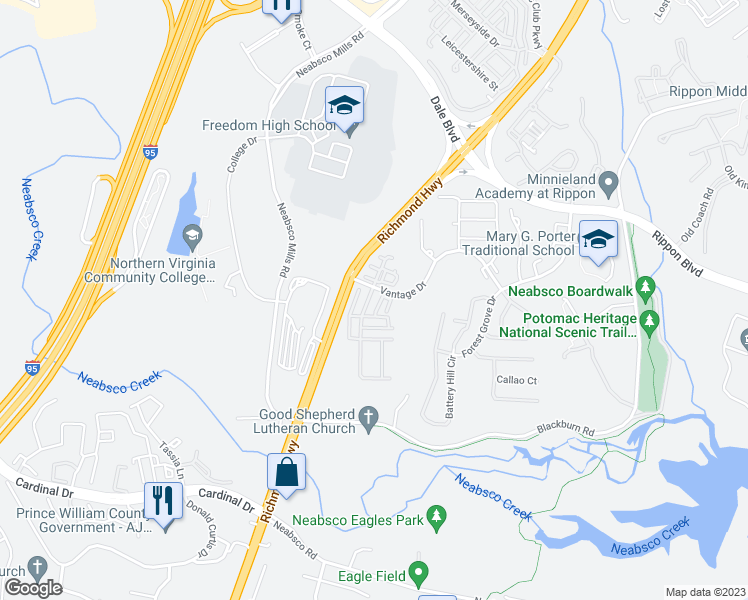 map of restaurants, bars, coffee shops, grocery stores, and more near 15512 John Diskin Circle in Woodbridge