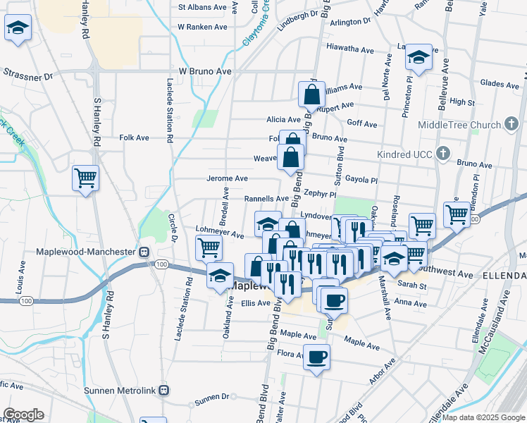 map of restaurants, bars, coffee shops, grocery stores, and more near 2518 Gerhard Avenue in Maplewood