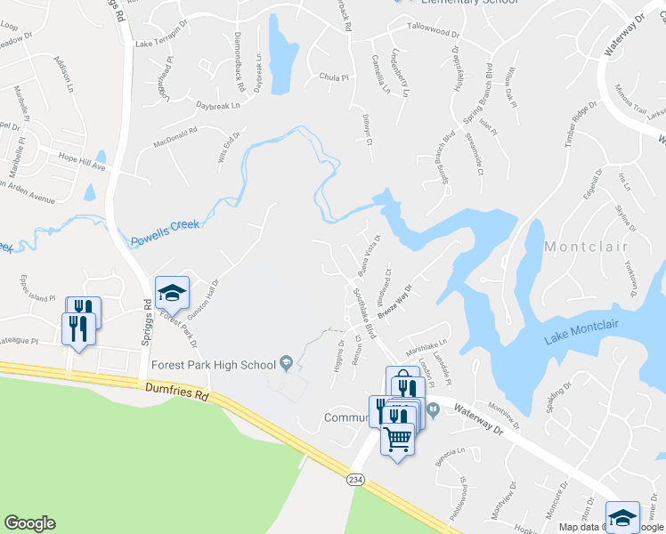 map of restaurants, bars, coffee shops, grocery stores, and more near 15614 Winding Creek Drive in Dumfries