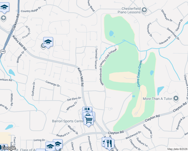 map of restaurants, bars, coffee shops, grocery stores, and more near 15339 Coventry Woods Court in Chesterfield