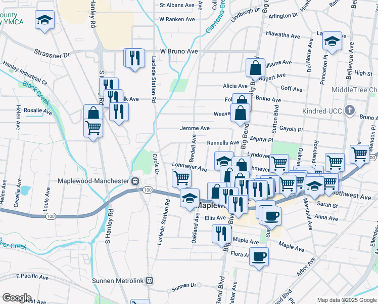 map of restaurants, bars, coffee shops, grocery stores, and more near 2521 Bredell Avenue in Maplewood