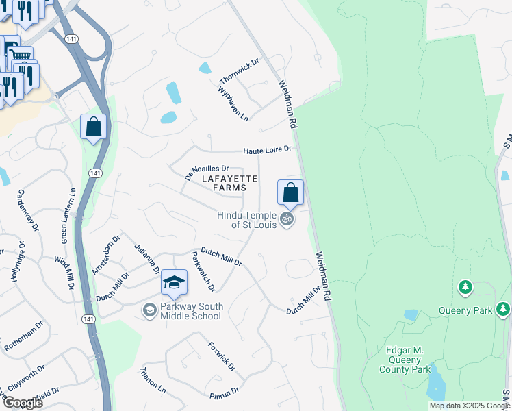 map of restaurants, bars, coffee shops, grocery stores, and more near 1337 Rusticview Drive in Ballwin