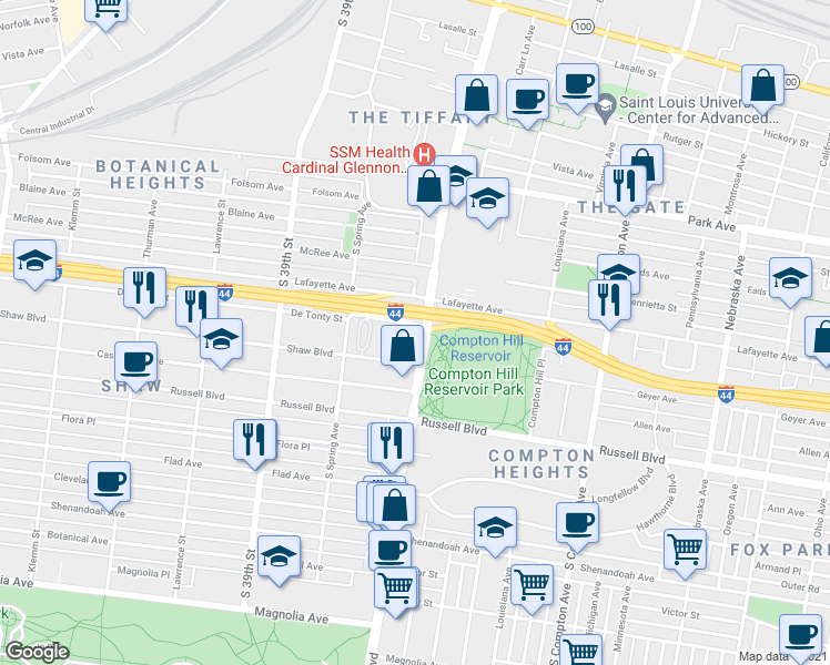 map of restaurants, bars, coffee shops, grocery stores, and more near 3604 De Tonty Street in St. Louis
