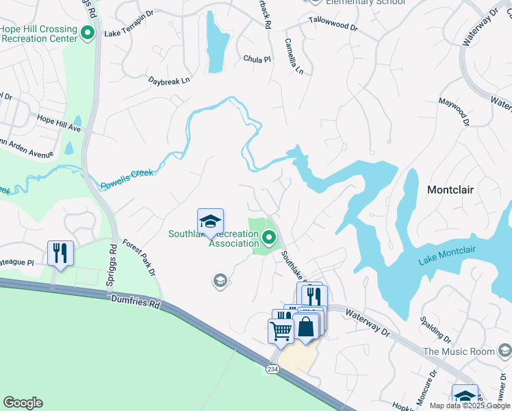 map of restaurants, bars, coffee shops, grocery stores, and more near 15614 Winding Creek Drive in Dumfries