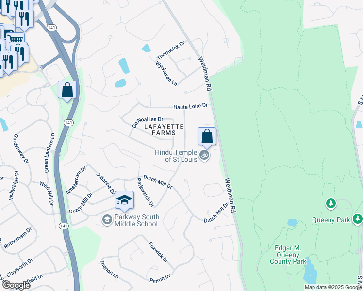 map of restaurants, bars, coffee shops, grocery stores, and more near 1337 Rusticview Drive in Ballwin
