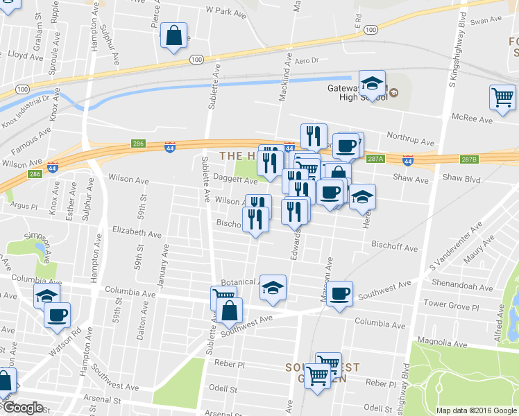 map of restaurants, bars, coffee shops, grocery stores, and more near 2101 Macklind Avenue in St. Louis