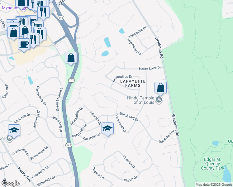 map of restaurants, bars, coffee shops, grocery stores, and more near 1034 Parkwatch Drive in Ballwin