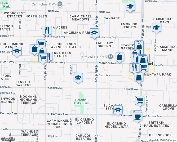 map of restaurants, bars, coffee shops, grocery stores, and more near 2835 La Colina Way in Carmichael