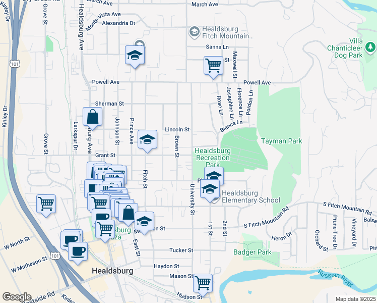 map of restaurants, bars, coffee shops, grocery stores, and more near 443 Grant Street in Healdsburg