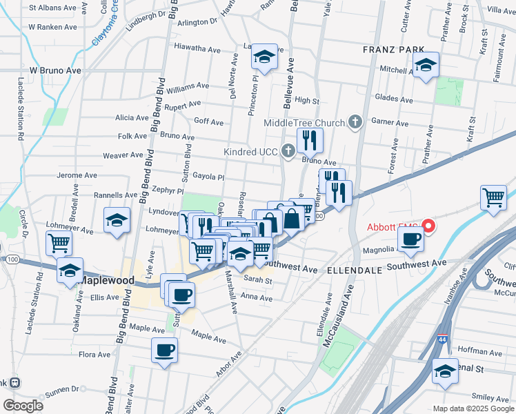 map of restaurants, bars, coffee shops, grocery stores, and more near 7230 Zephyr Place in Maplewood