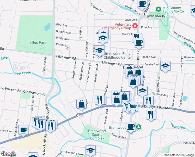 map of restaurants, bars, coffee shops, grocery stores, and more near 2512 Bremerton Road in St. Louis