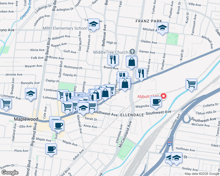 map of restaurants, bars, coffee shops, grocery stores, and more near 2279 Blendon Place in Maplewood