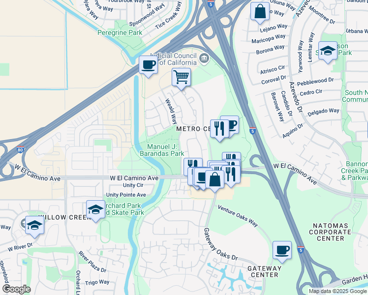 map of restaurants, bars, coffee shops, grocery stores, and more near 2856 Grasslands Drive in Sacramento