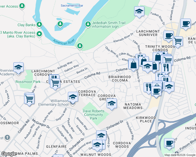 map of restaurants, bars, coffee shops, grocery stores, and more near 2210 Elmcrest Lane in Rancho Cordova
