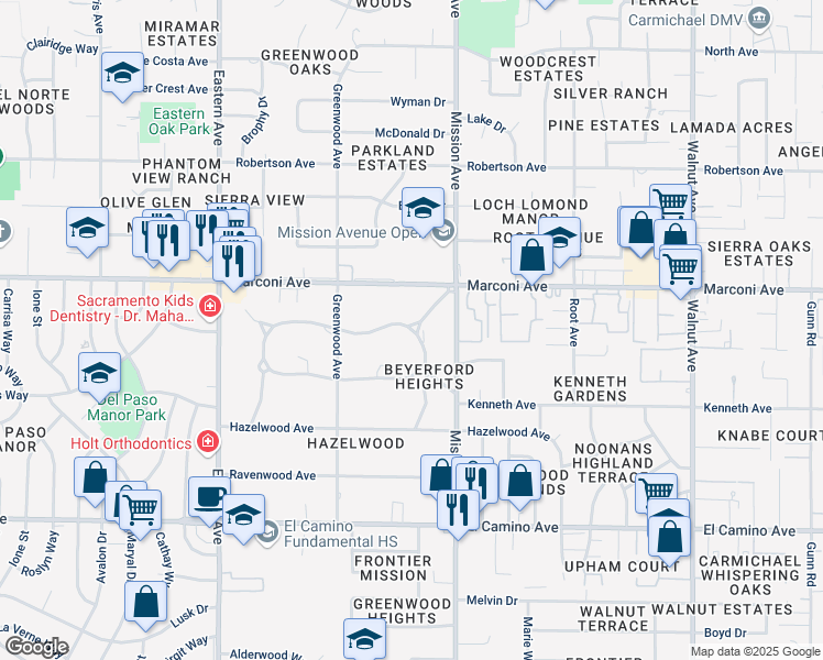 map of restaurants, bars, coffee shops, grocery stores, and more near 4600 North Park Drive in Sacramento