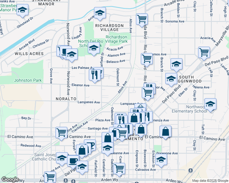 map of restaurants, bars, coffee shops, grocery stores, and more near 2651 Altos Avenue in Sacramento