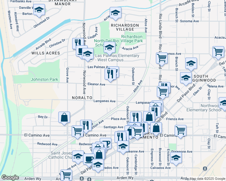 map of restaurants, bars, coffee shops, grocery stores, and more near 2671 Fairfield Street in Sacramento