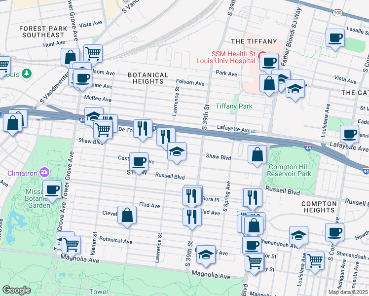 map of restaurants, bars, coffee shops, grocery stores, and more near in St. Louis