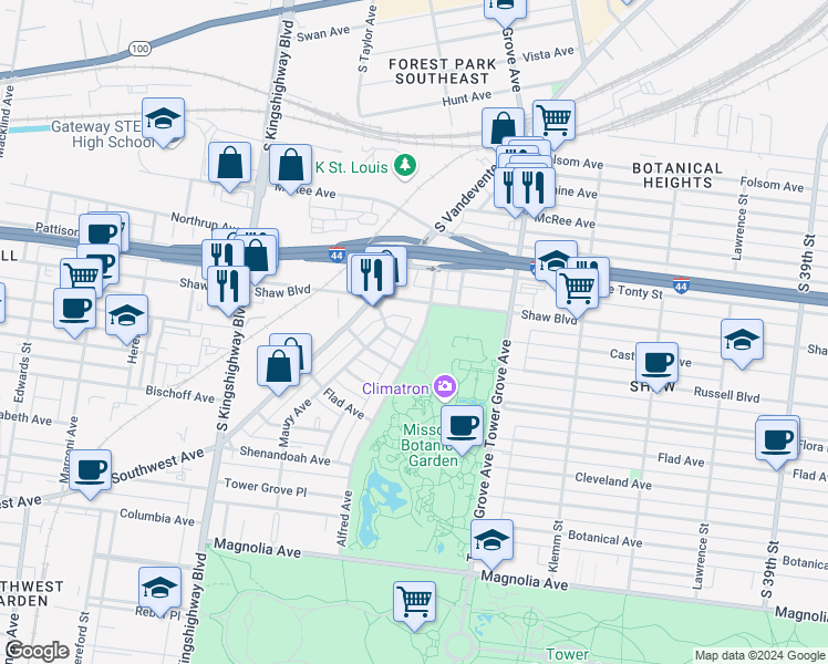 map of restaurants, bars, coffee shops, grocery stores, and more near 1933 Alfred Avenue in St. Louis