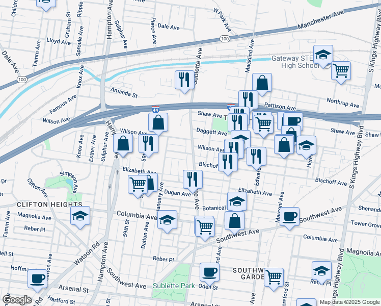 map of restaurants, bars, coffee shops, grocery stores, and more near 2116 Sublette Avenue in St. Louis