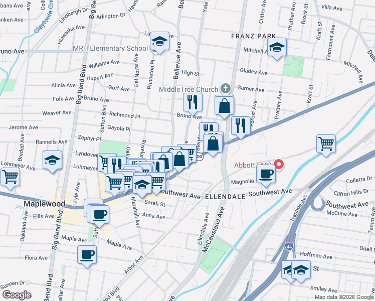 map of restaurants, bars, coffee shops, grocery stores, and more near 2279 Blendon Place in Maplewood